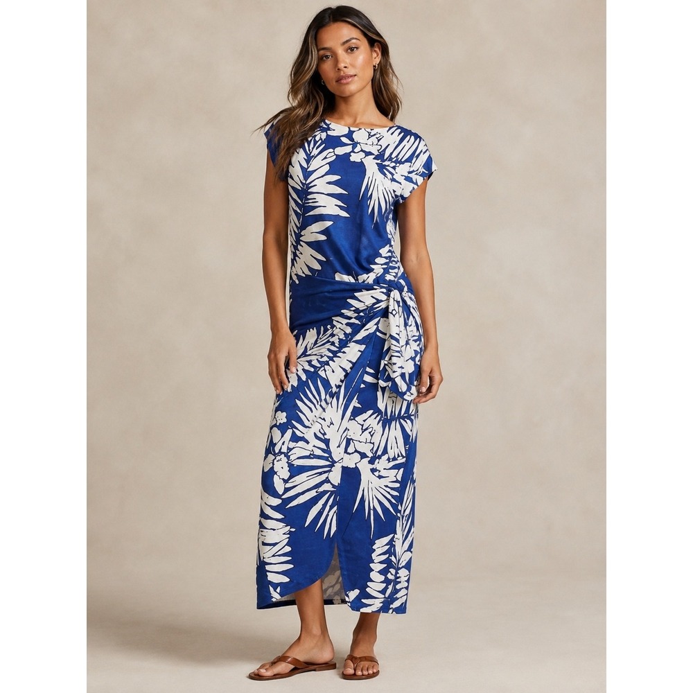 Polo Ralph Lauren Floral Wrap Maxi Dress Women L‎ Linen Tropical Resort Vacation